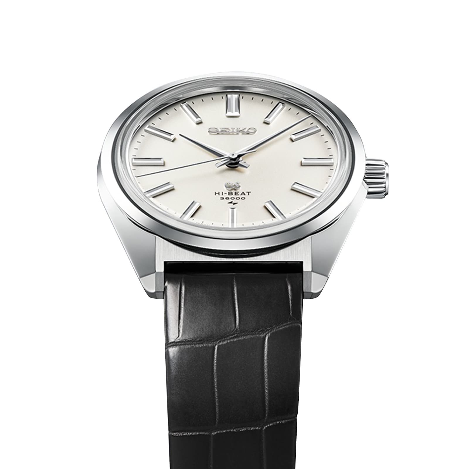 A Grand Seiko Manual Hi-Beat Heritage wristwatch with a silver case, white dial, silver hour markers, and black leather strap is displayed on a white background, echoing the classic Grand Seiko 45GS design.