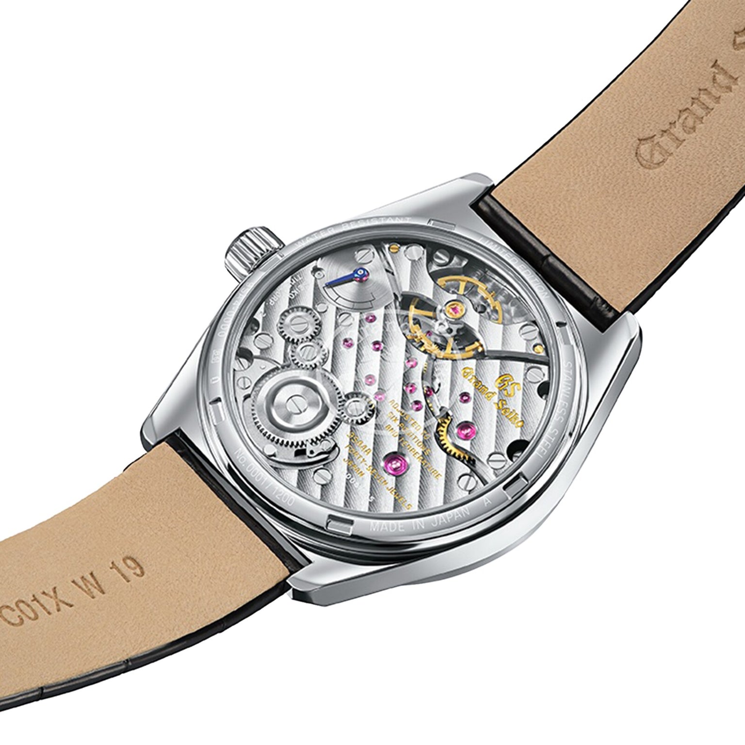 Close-up view of the back of the Grand Seiko Manual Hi-Beat Heritage wristwatch, showing its high-beat movement and detailed mechanical gears through a transparent case back.
