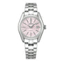 The Grand Seiko Ladies Automatic Heritage features a stainless steel case, metal link bracelet, pink cherry blossom-inspired textured dial, silver markers, date display, and automatic mechanical movement.