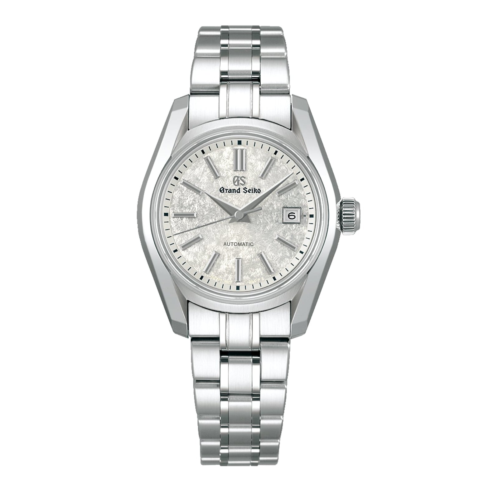 A Grand Seiko Ladies Automatic Heritage wristwatch in stainless steel, featuring a textured silver dial, Zaratsu polishing, date at 3 o’clock, and a metal link bracelet.