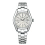 A Grand Seiko Ladies Automatic Heritage wristwatch in stainless steel, featuring a textured silver dial, Zaratsu polishing, date at 3 o’clock, and a metal link bracelet.