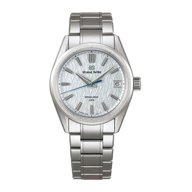 Grand Seiko Spring Drive U.F.A Evolution 9 wristwatch featuring a textured white dial, date window, and metal bracelet.