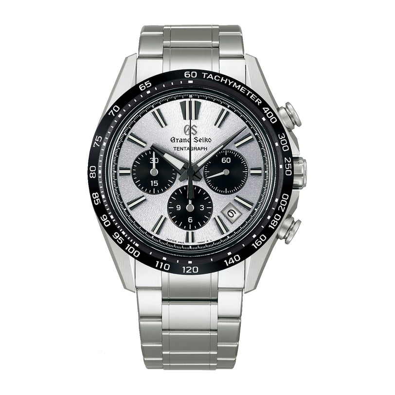 The Grand Seiko Hi-Beat 36000 Automatic Chronograph Evolution 9 SLGC007 features a silver dial, stainless steel bracelet, three subdials, black tachymeter bezel, and is powered by the advanced Caliber 9SC5 movement.