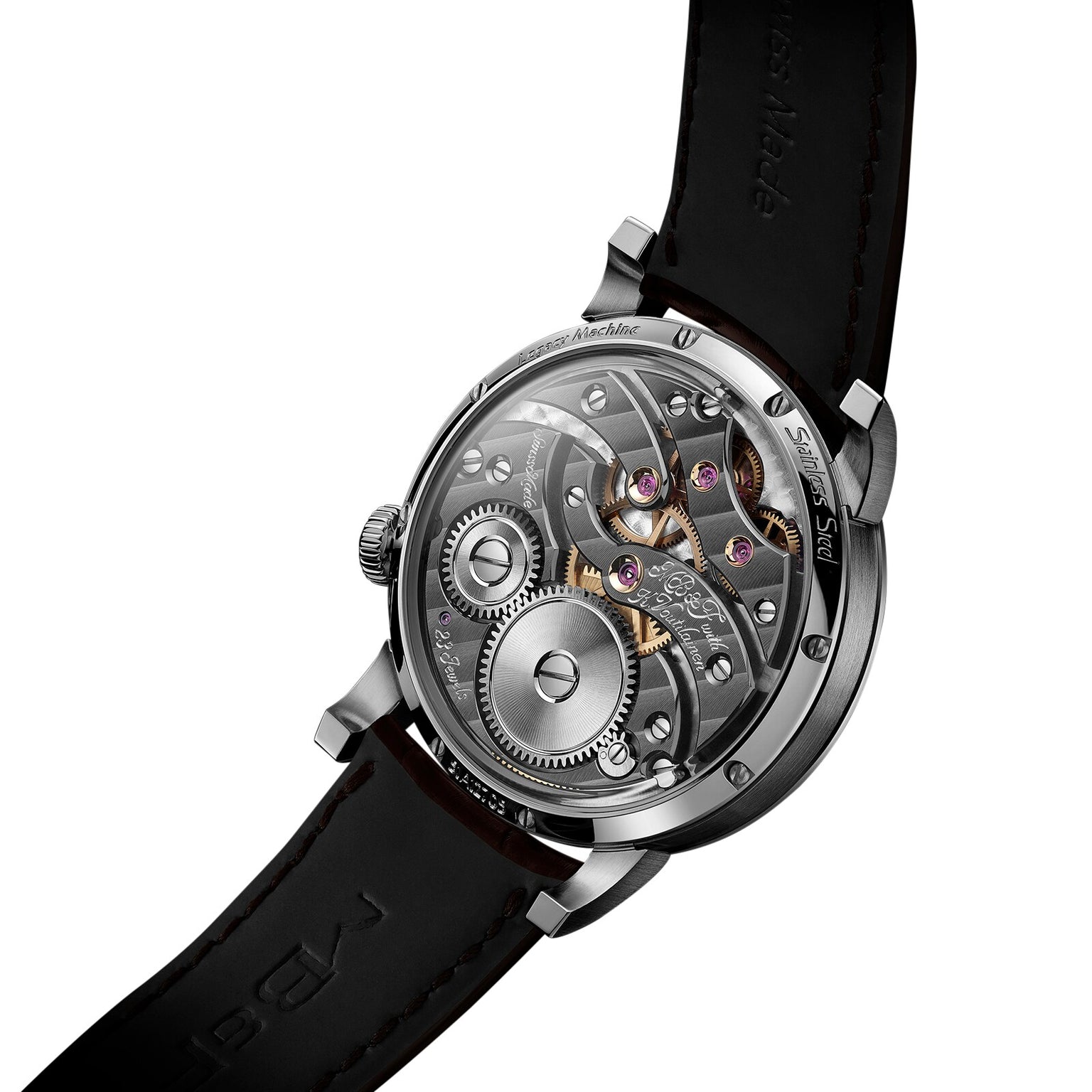 The MB&F Legacy Machine LM101 Steel Blue features an open case back revealing intricate mechanical movements and comes with a black leather strap.