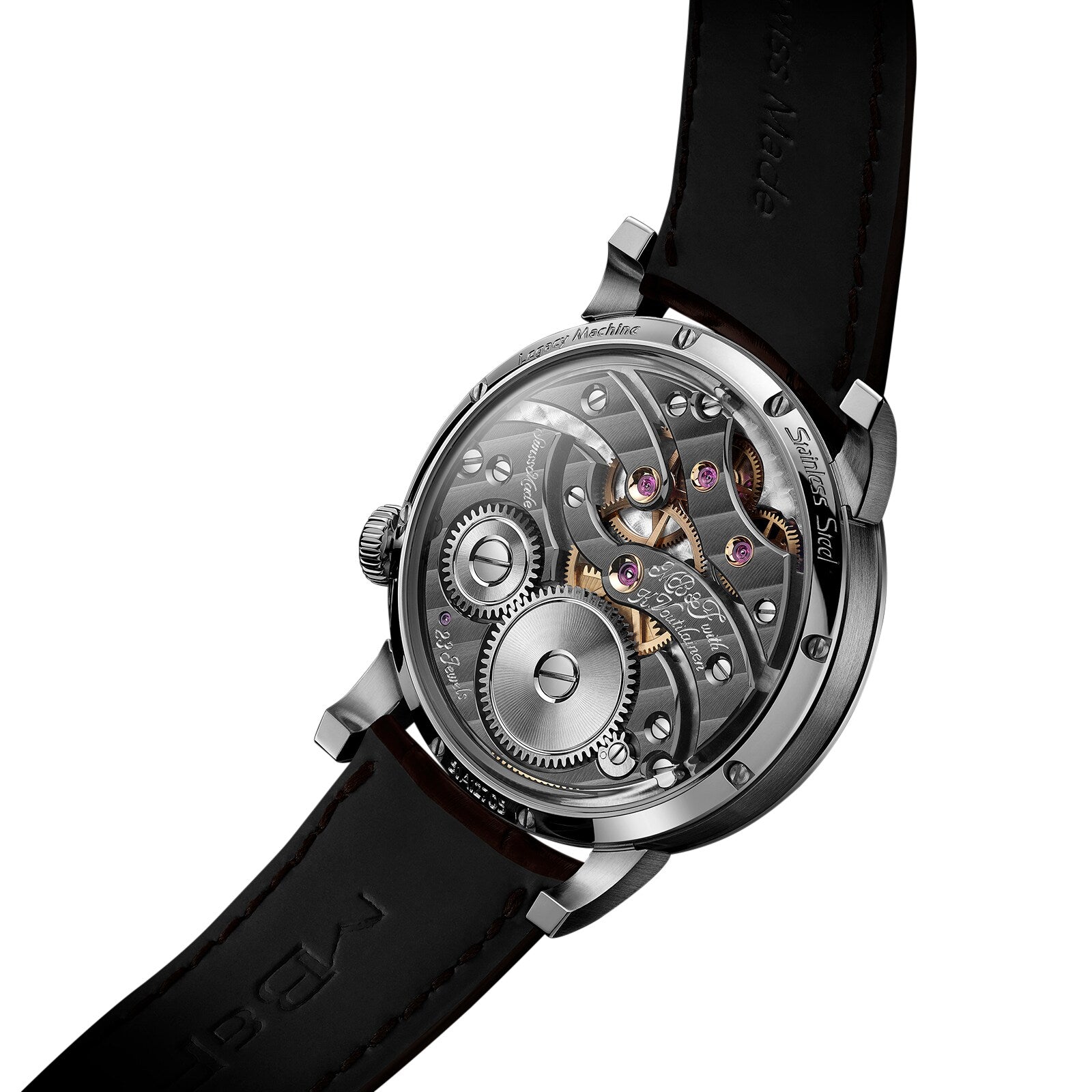The MB&F Legacy Machine LM101 Steel Blue features an open case back revealing intricate mechanical movements and comes with a black leather strap.