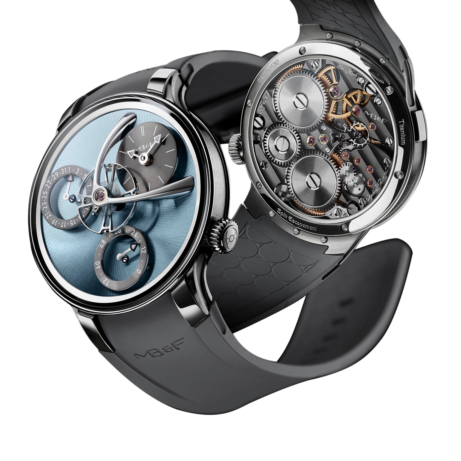 Two luxury wristwatches from MB&F: one Legacy Machine Split Escapement EVO with a striking blue dial and visible gears, the other showcasing its intricate mechanical movement.