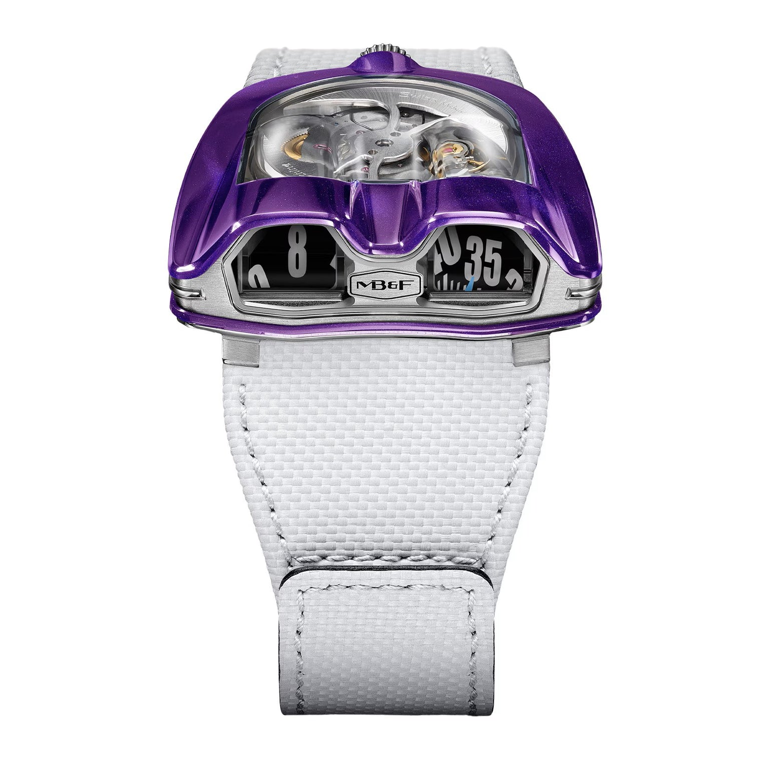 The MB&F HM8 Mark 2 Titanium Limited Edition Watch is a futuristic purple timepiece with visible gears, a white textured strap, and a digital time display.