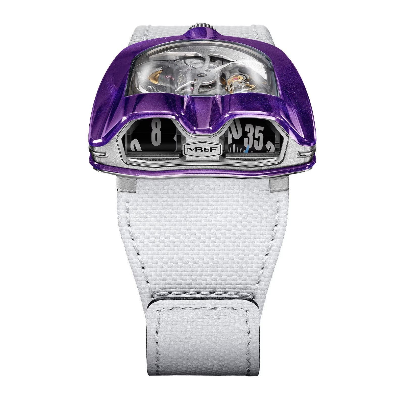 The MB&F HM8 Mark 2 Titanium Limited Edition Watch is a futuristic purple timepiece with visible gears, a white textured strap, and a digital time display.