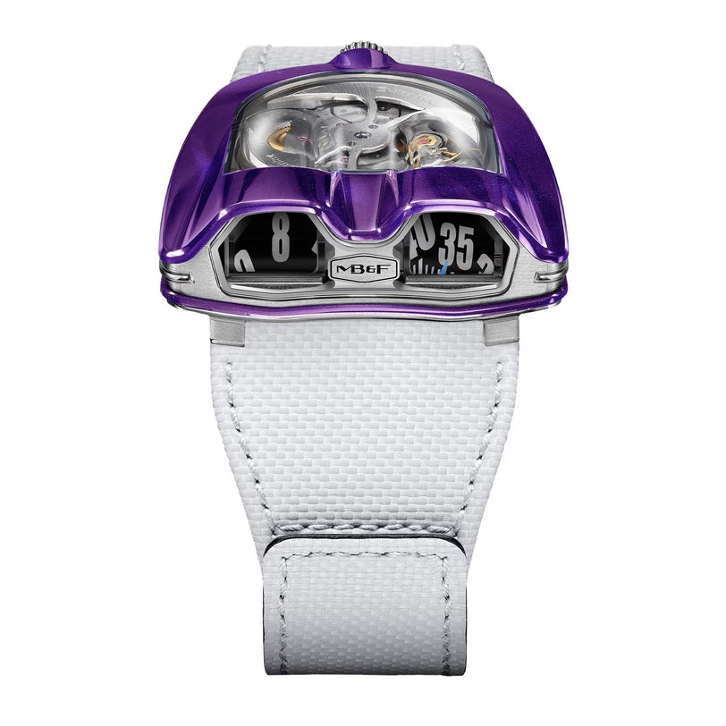 The MB&F HM8 Mark 2 Titanium Limited Edition Watch is a futuristic purple timepiece with visible gears, a white textured strap, and a digital time display.