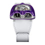 The MB&F HM8 Mark 2 Titanium Limited Edition Watch is a futuristic purple timepiece with visible gears, a white textured strap, and a digital time display.