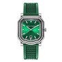 The Gerald Charles Maestro 2.0 Ultra-Thin wristwatch features a green vulcanised rubber strap, stainless steel case, emerald green sunburst dial with date window, and silver hour markers and hands.