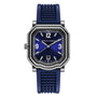 The Gerald Charles Maestro GC Sport features a blue dial with bold numerals at 12 and 3, a date window at 6, and a blue textured vulcanized rubber strap.