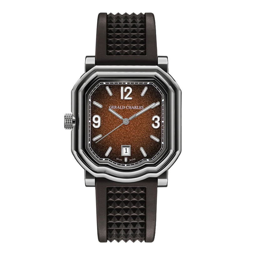The Gerald Charles Maestro GC Sport features a textured brown dial, silver hands, black strap, and a date display at 6 o’clock.