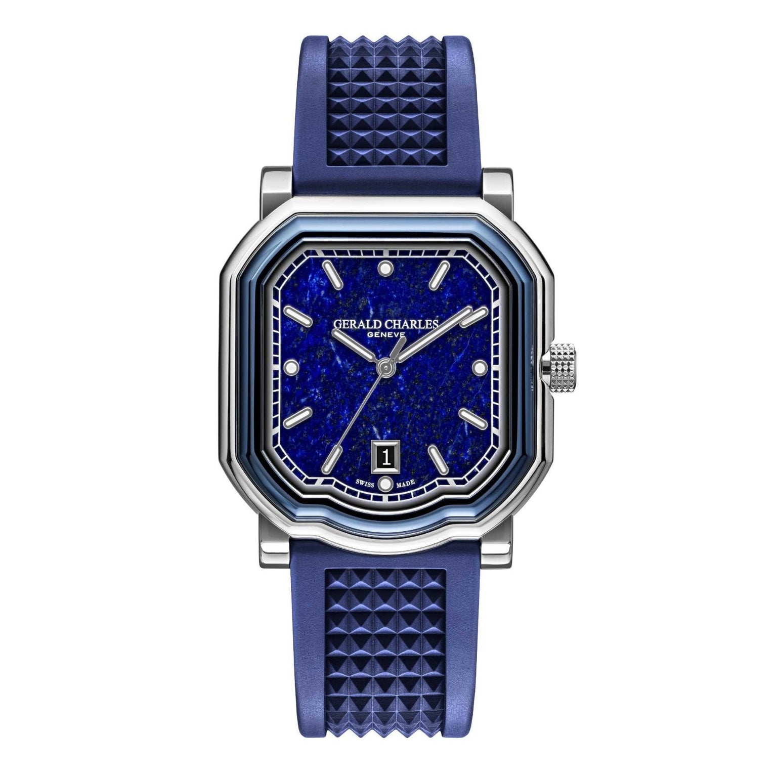 The Gerald Charles Maestro 2.0 Ultra-Thin Lapis Lazuli is a luxury watch with a blue textured strap and a blue patterned dial featuring a date display.
