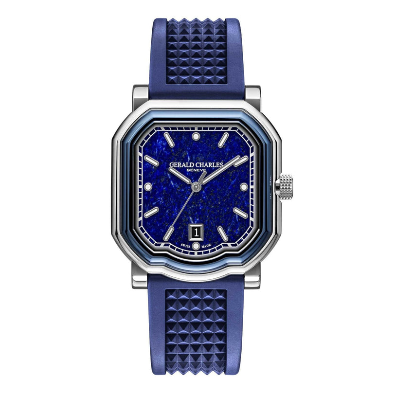 The Gerald Charles Maestro 2.0 Ultra-Thin Lapis Lazuli is a luxury watch with a blue textured strap and a blue patterned dial featuring a date display.