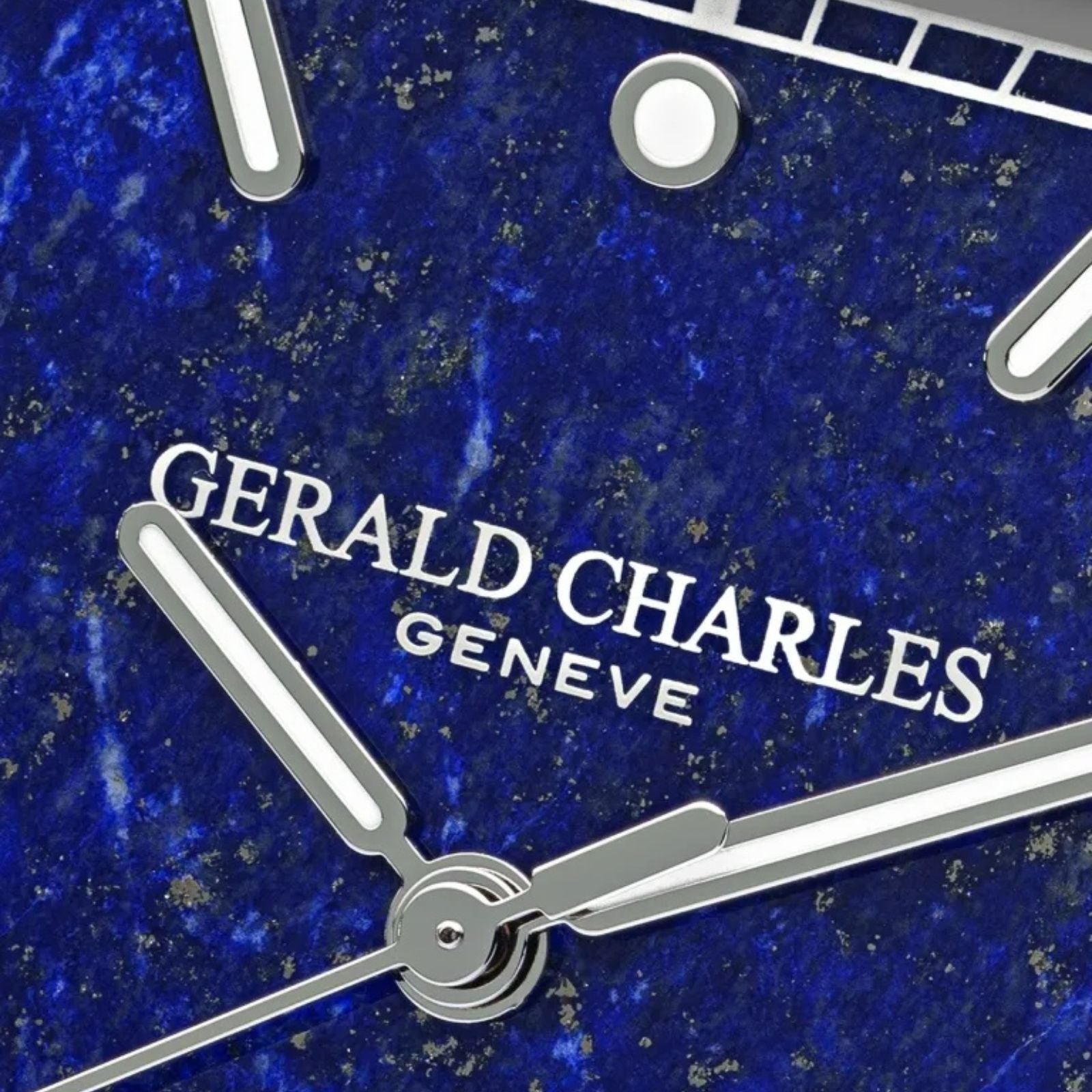 Close-up of the Gerald Charles Maestro 2.0 Ultra-Thin Lapis Lazuli watch face with silver hands and white lettering.