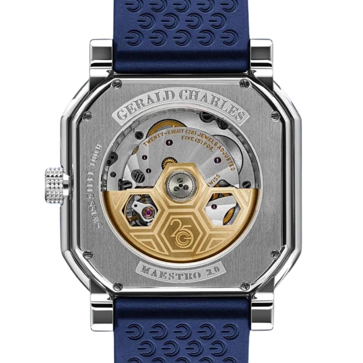 Back view of the Gerald Charles Maestro 2.0 Ultra-Thin Lapis Lazuli watch featuring a visible mechanical movement and a blue textured strap.