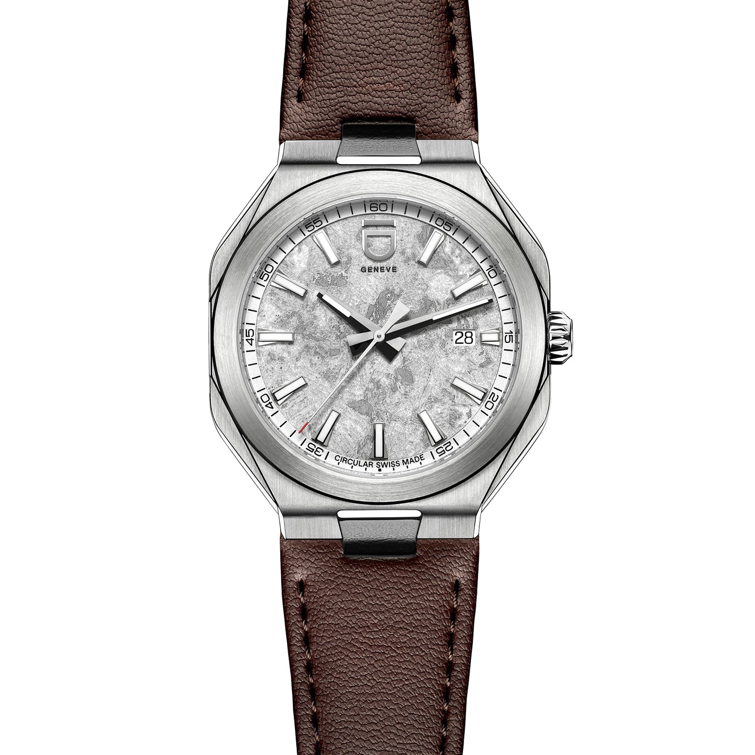 The ID Geneve Circular 1 - Mineral Grey is a silver wristwatch with a textured dial, brown leather strap, and date window at 3 o’clock.
