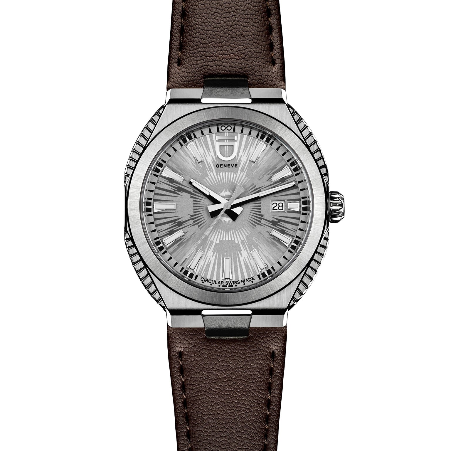 The ID Geneve Circular S - Silver Fluted wristwatch features a textured dial, date display, and brown leather strap, shown on a white background.
