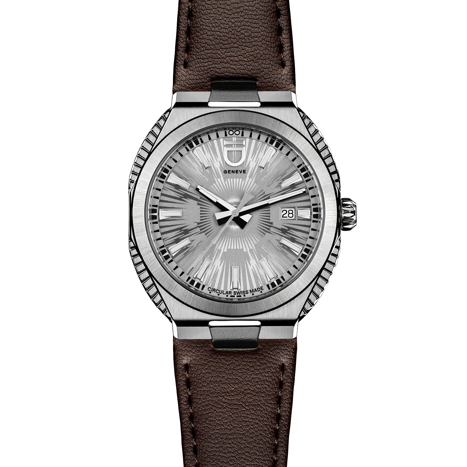 The ID Geneve Circular S - Silver Fluted wristwatch features a textured dial, date display, and brown leather strap, shown on a white background.