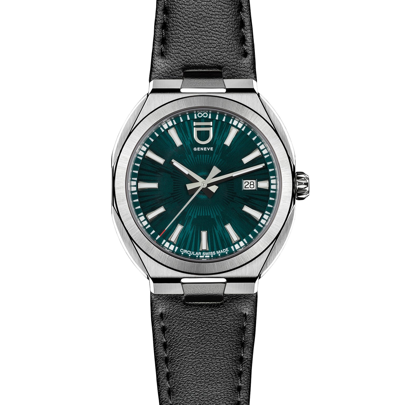 ID Geneve Circular S - Green Brushed wristwatch with a green brushed dial, date window, and black leather strap, displayed on a white background.