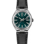 ID Geneve Circular S - Green Brushed wristwatch with a green brushed dial, date window, and black leather strap, displayed on a white background.