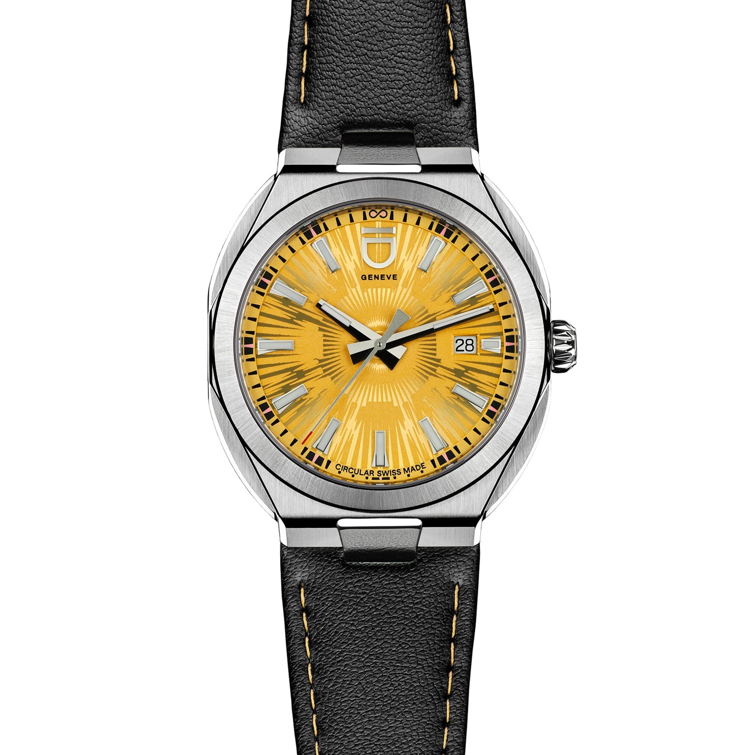 The Circular S - Sun Brushed by ID Geneve is a luxury wristwatch featuring a yellow dial, silver markers, and a black leather strap.
