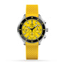 The DOXA Sub 200 C-Graph Divingstar is a yellow diver’s watch with a textured yellow strap, black bezel, three subdials on a yellow face, and automatic Swiss movement, shown on a white background.