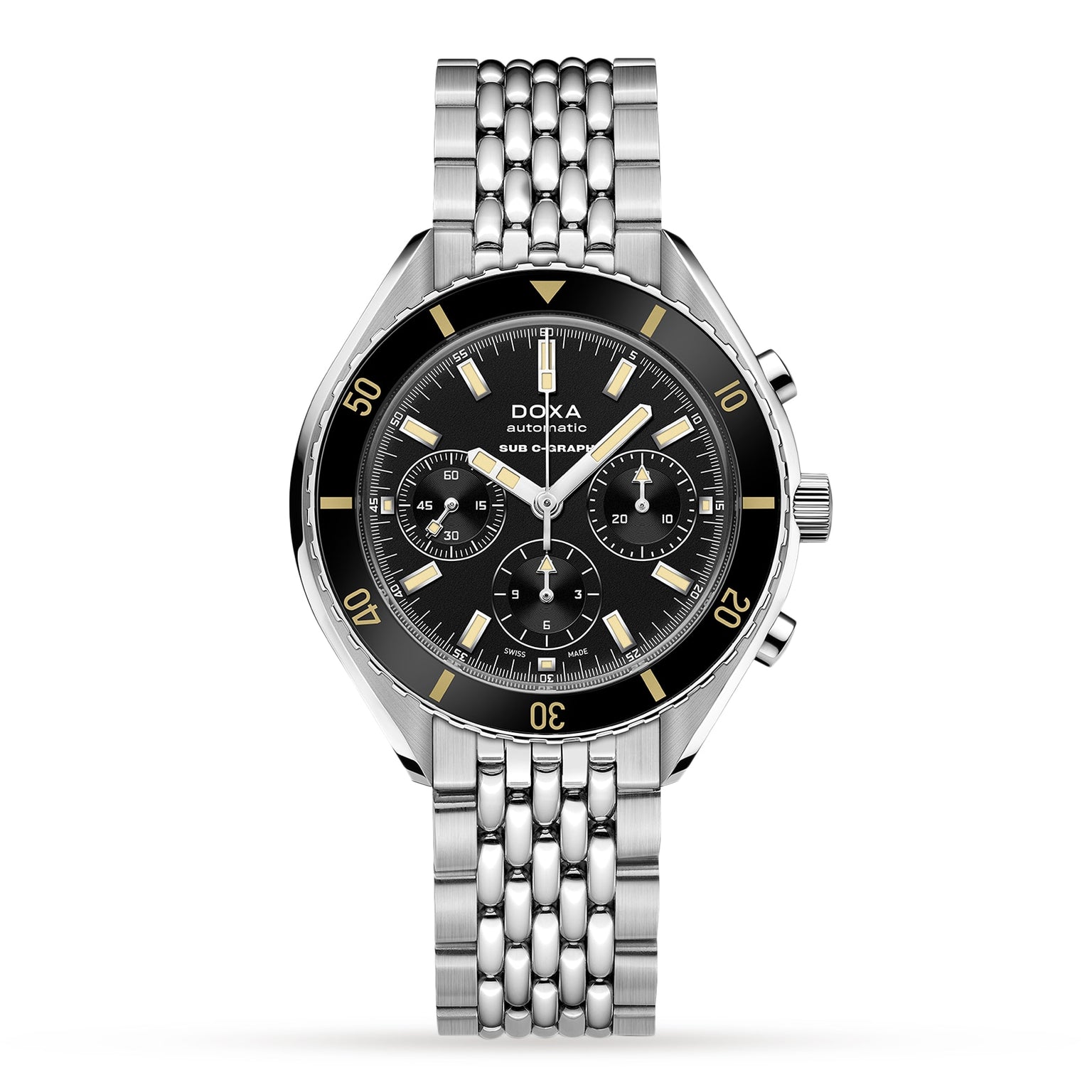 A DOXA Sub 200 C-Graph Sharkhunter stainless steel chronograph wristwatch featuring a black dial, three subdials, silver hour markers, Swiss automatic movement, and a metal link bracelet on a white background.