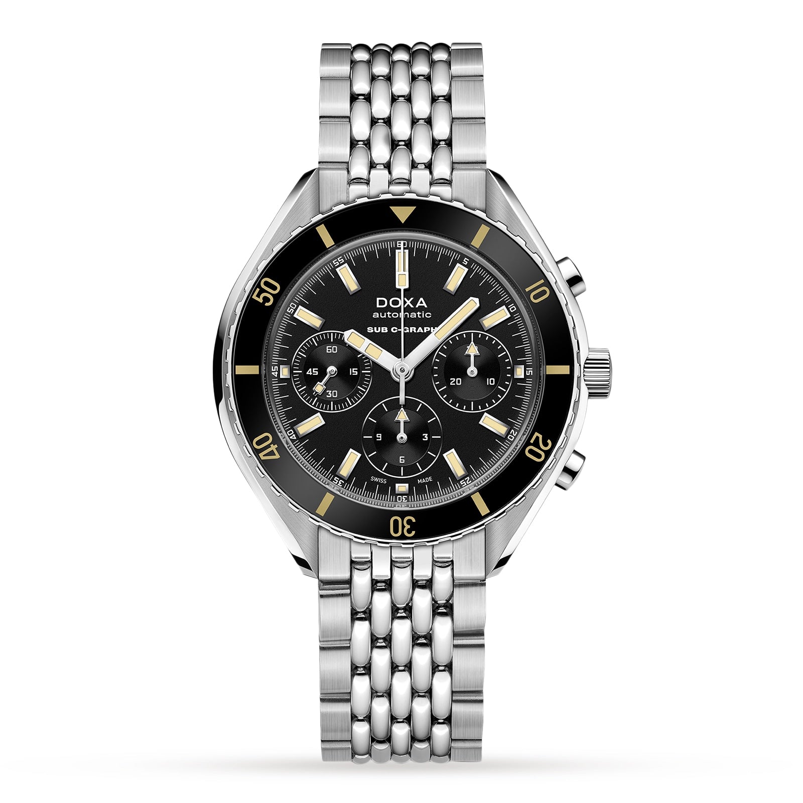 A DOXA Sub 200 C-Graph Sharkhunter stainless steel chronograph wristwatch featuring a black dial, three subdials, silver hour markers, Swiss automatic movement, and a metal link bracelet on a white background.