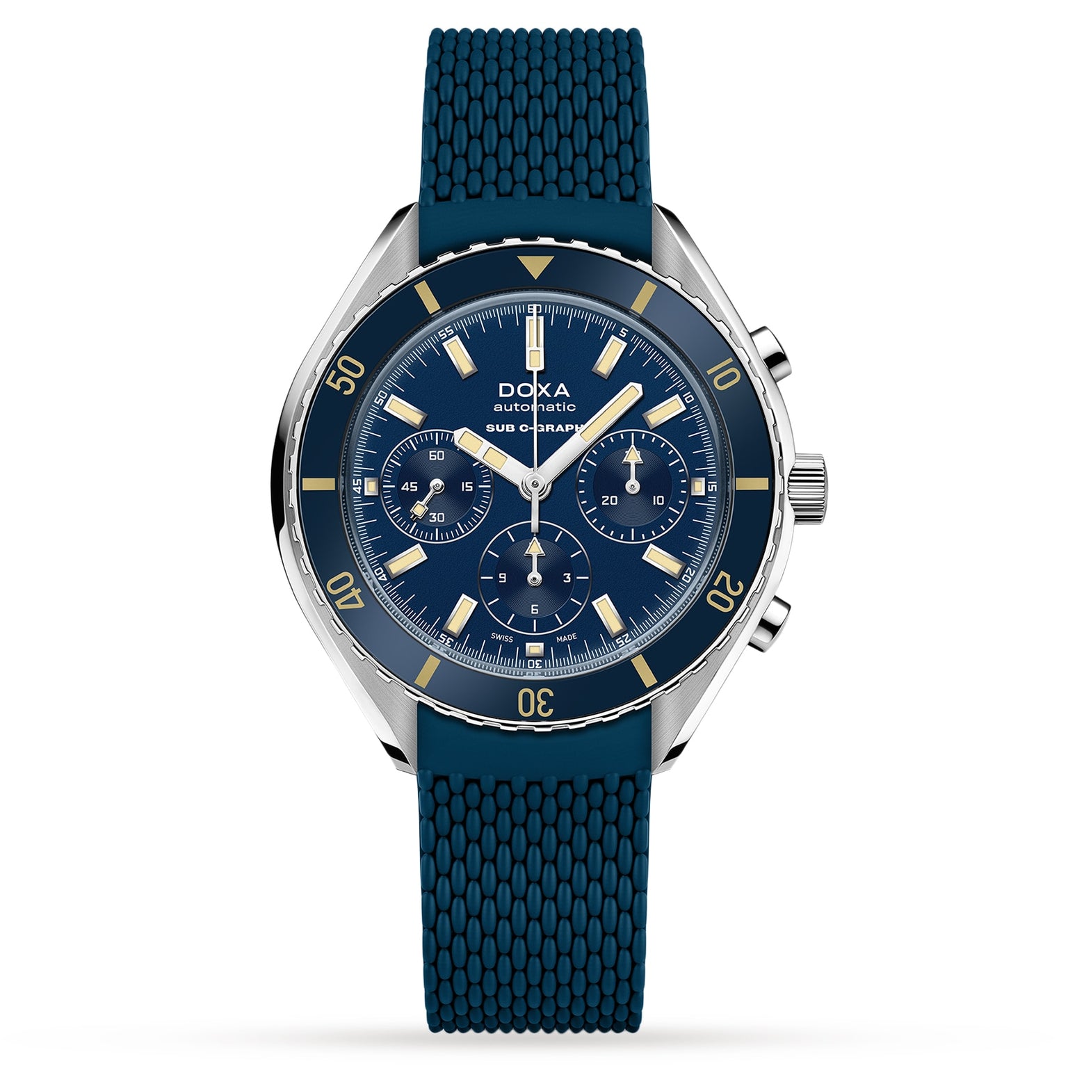 The DOXA Sub 200 C-Graph Caribbean is a blue chronograph diver’s watch with a Swiss movement, silver bezel, blue textured strap, and yellow accents on its dial and markers.