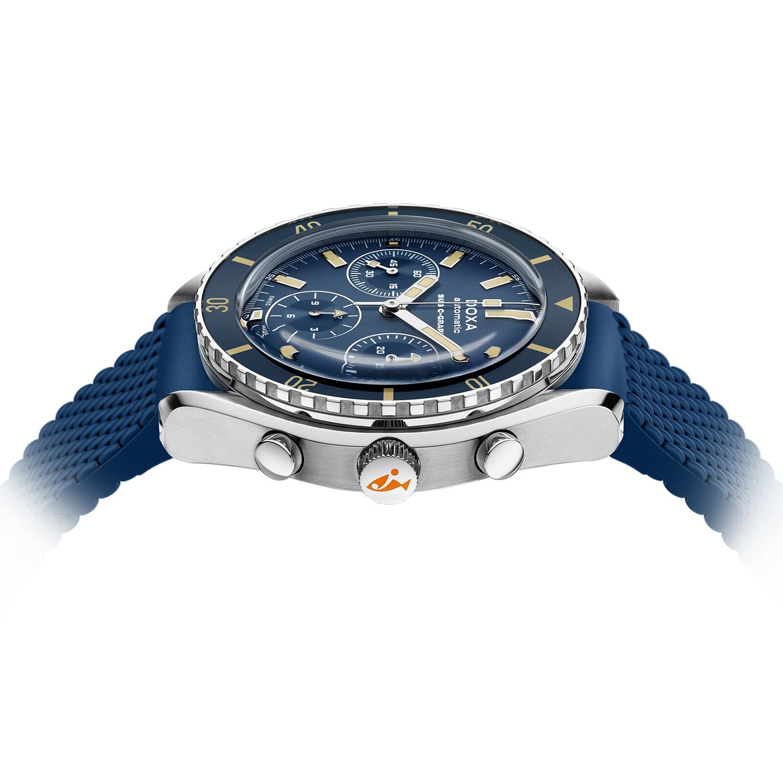 The DOXA Sub 200 C-Graph Caribbean divers watch features a blue rubber strap, three chronograph subdials, and a rotating bezel, displayed from the side on a white background.