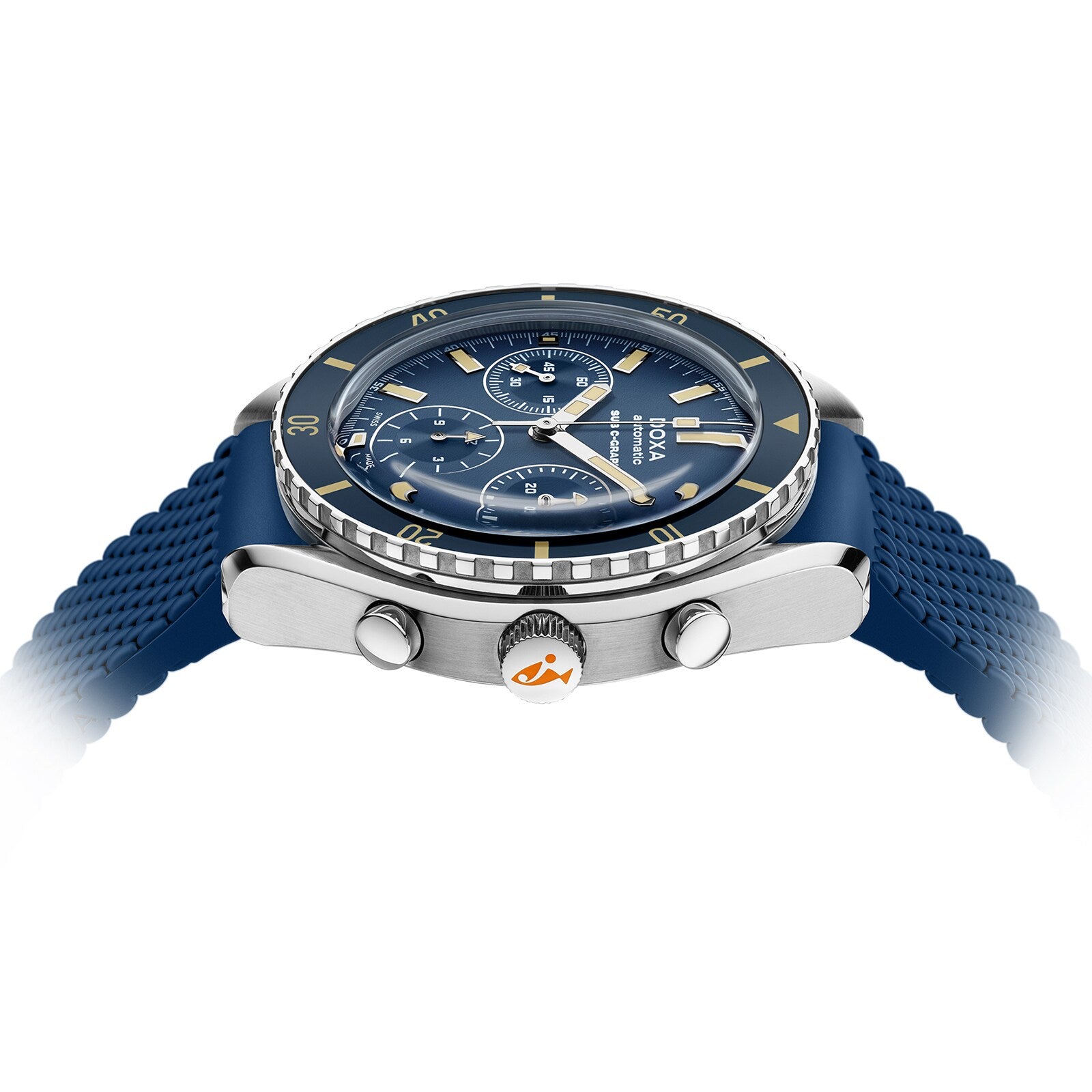 The DOXA Sub 200 C-Graph Caribbean divers watch features a blue rubber strap, three chronograph subdials, and a rotating bezel, displayed from the side on a white background.