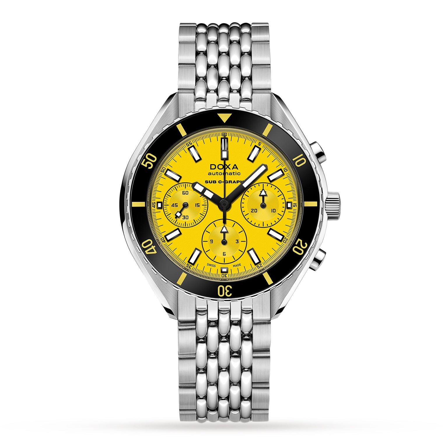 The DOXA Sub 200 C-Graph Divingstar is a stainless steel diver’s watch with a silver bracelet, yellow dial, black bezel, and chronograph subdials.