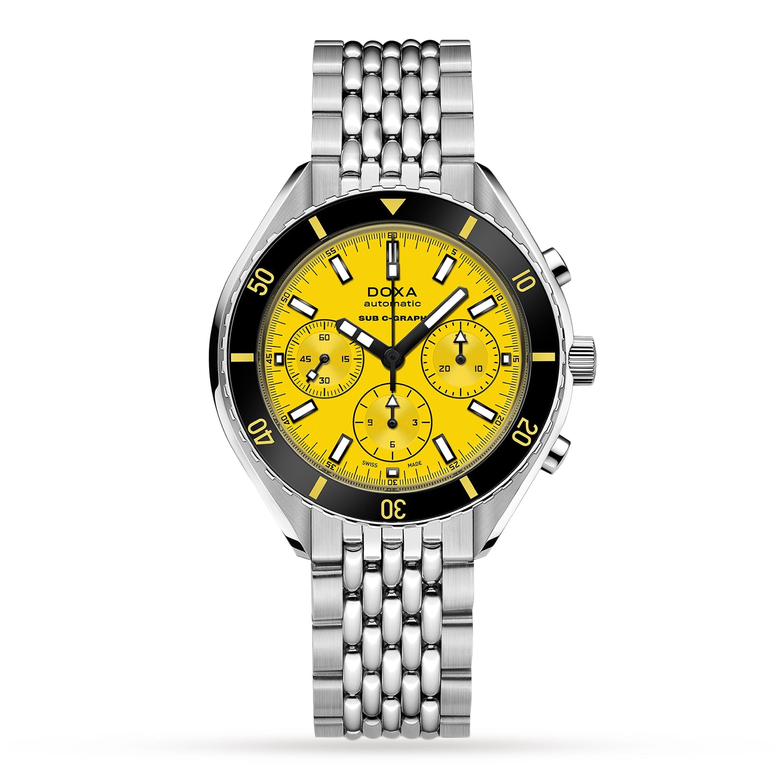 The DOXA Sub 200 C-Graph Divingstar is a stainless steel diver’s watch with a silver bracelet, yellow dial, black bezel, and chronograph subdials.