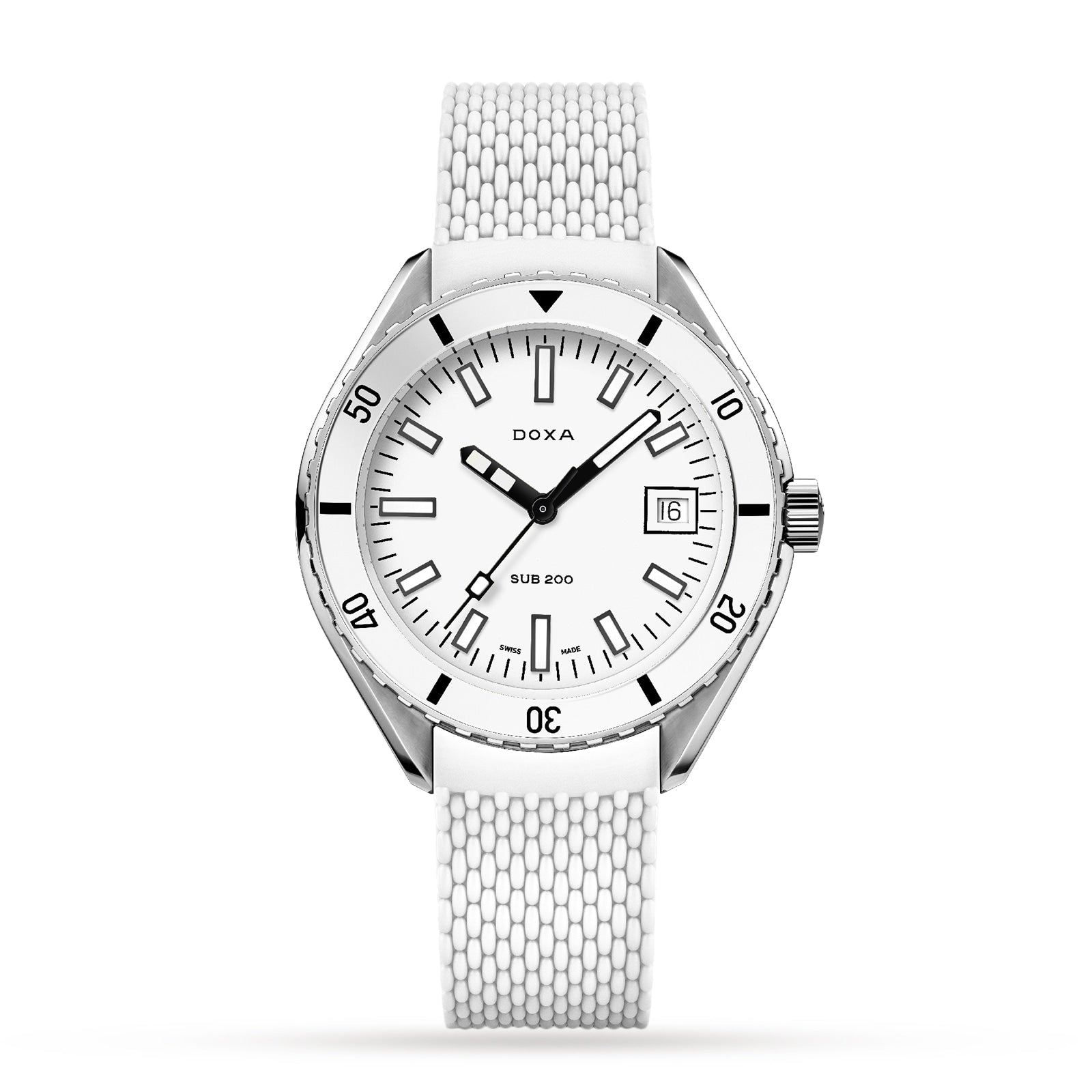 The DOXA Sub 200 Whitepearl diver’s watch features a white textured strap, black markers, date window at 3 o’clock, and a rotating bezel, shown on a white background.