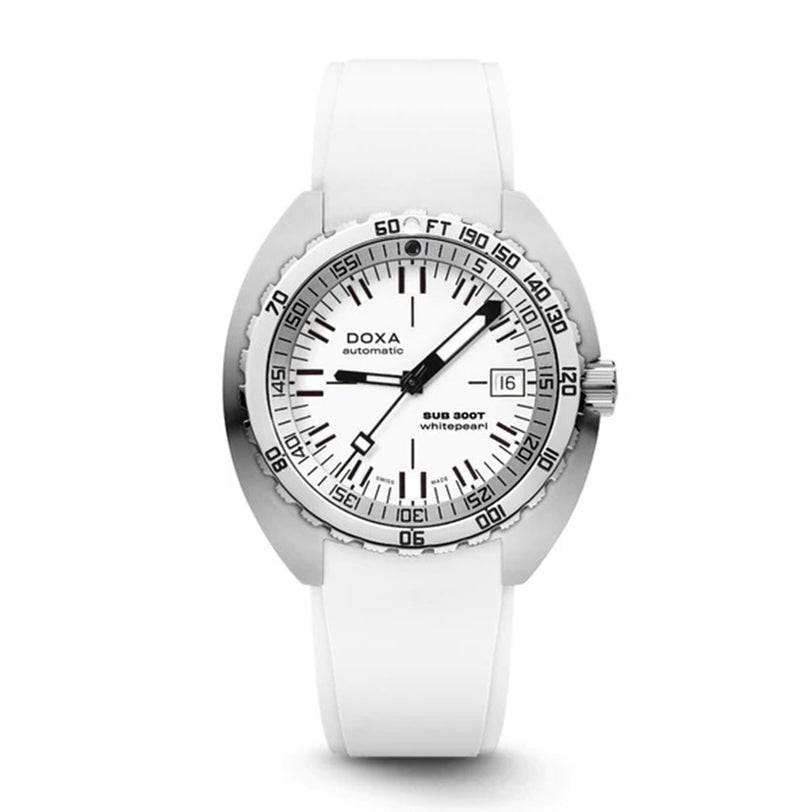 The DOXA Sub 300T Whitepearl diver’s watch features a white rubber strap, silver bezel, helium release valve, and a date display at 3 o’clock, shown against a plain white background.