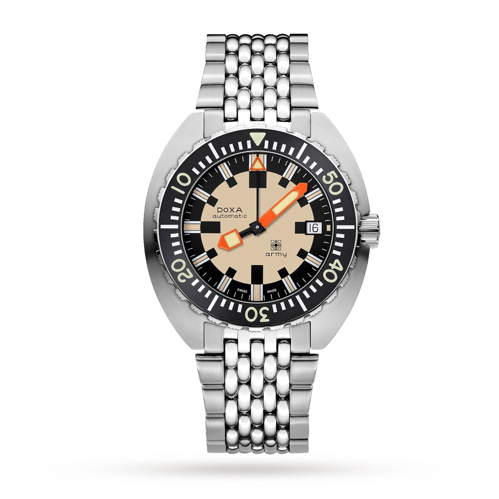The DOXA Army Stainless Steel by DOXA features a beige and black dial, orange minute hand, bold indices, rotating bezel, date window at 3 o’clock, and a sleek metal link bracelet.