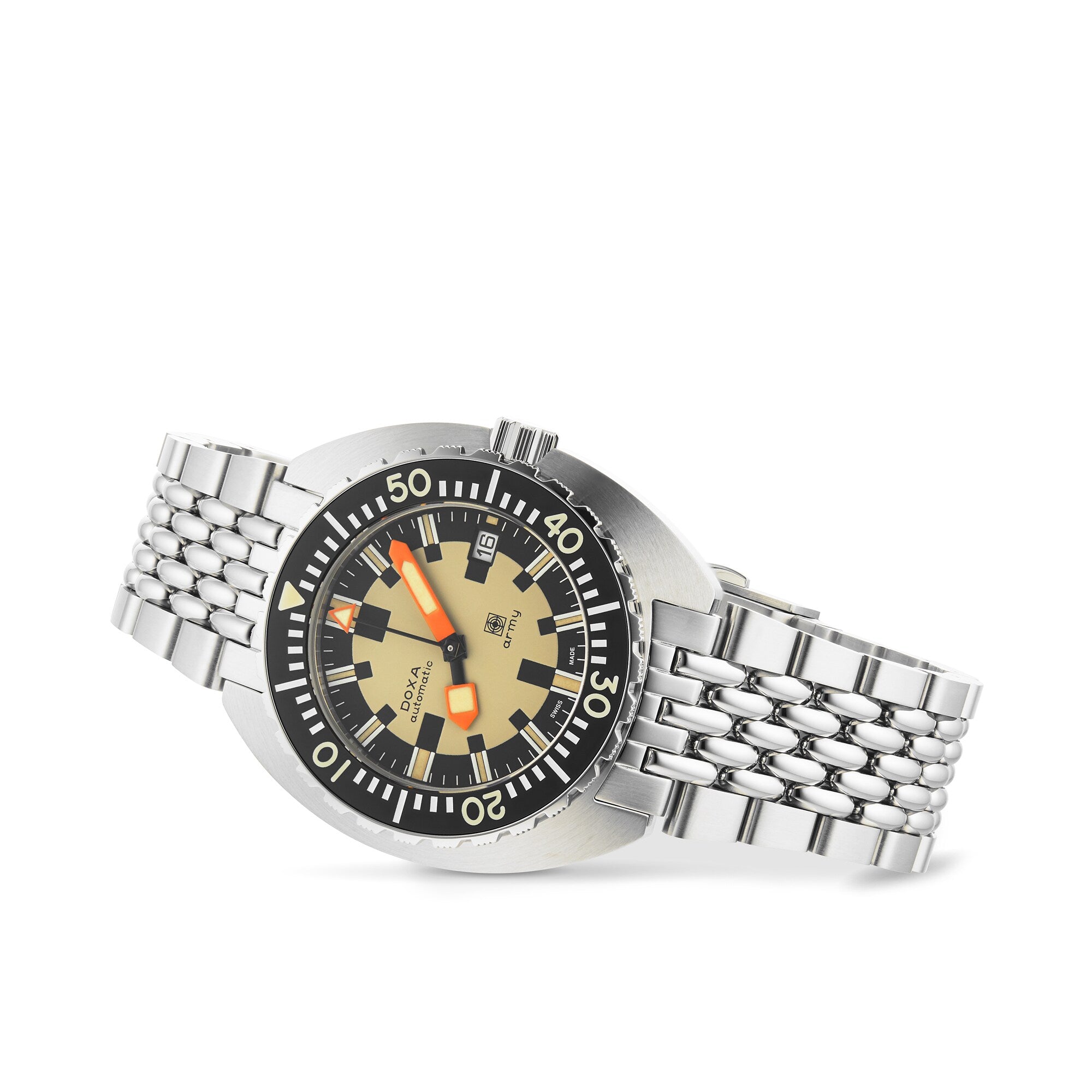 The DOXA Army Stainless Steel wristwatch by DOXA features a beige dial, black rotating bezel, orange-accented hands and hour markers, and is presented on a metal link bracelet.
