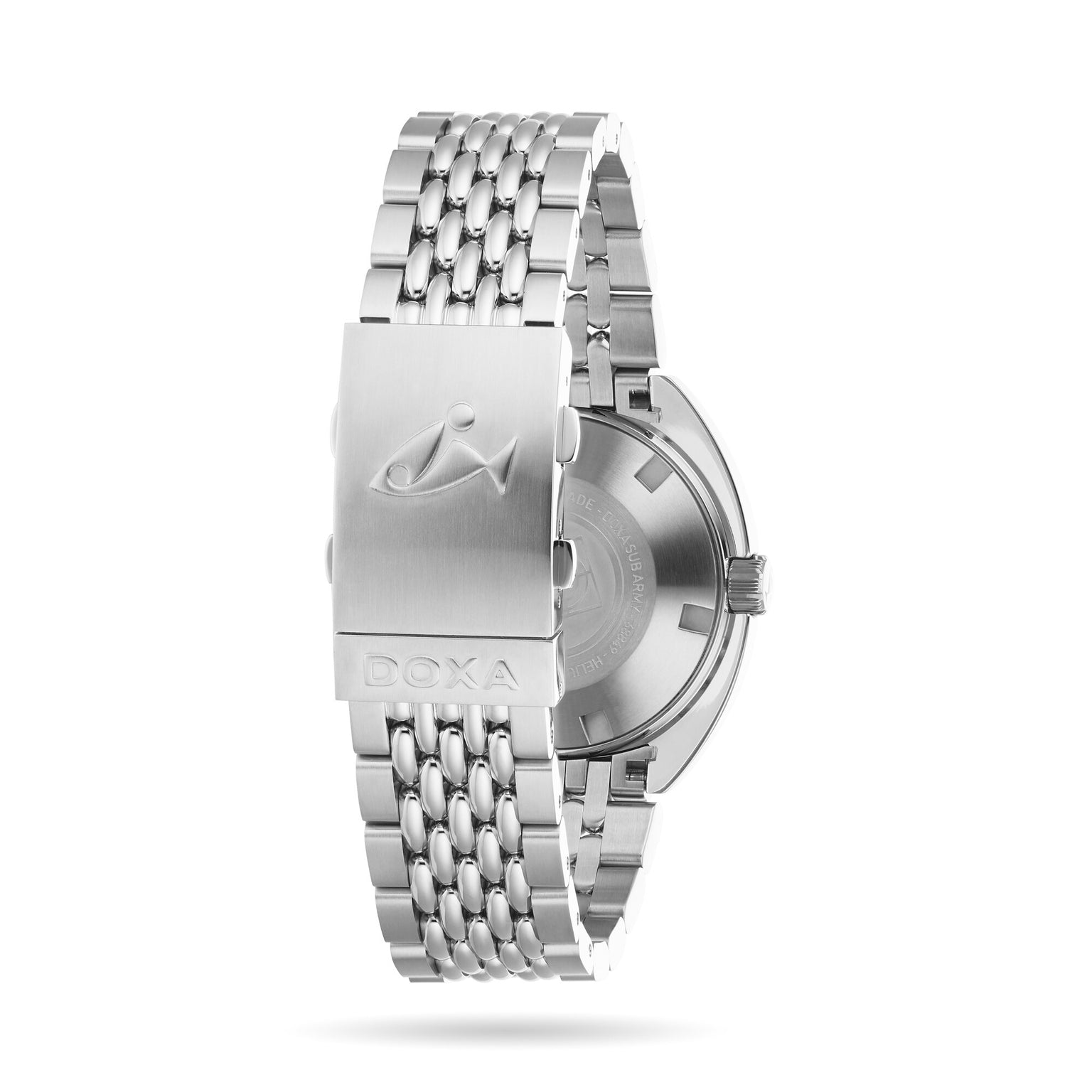 The DOXA Army Stainless Steel by DOXA features a metal bracelet, rotating bezel, fish logo, and Army name engraved on the clasp. The partially visible case back highlights the watch’s stainless steel design.