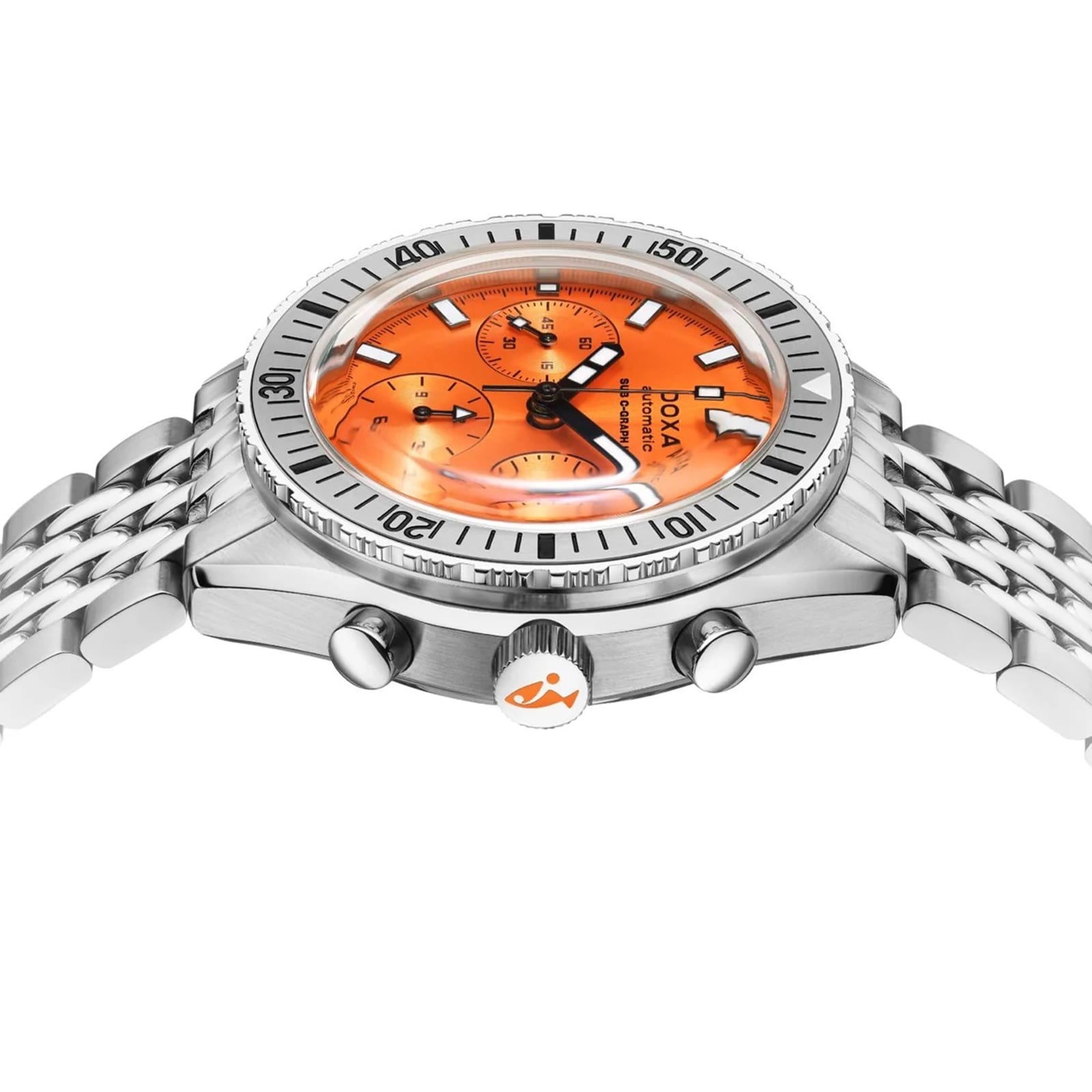 The DOXA Sub 200 C-Graph II Professional, a stainless steel dive watch with an orange dial, silver bezel, and metal link bracelet, is shown from a side angle.