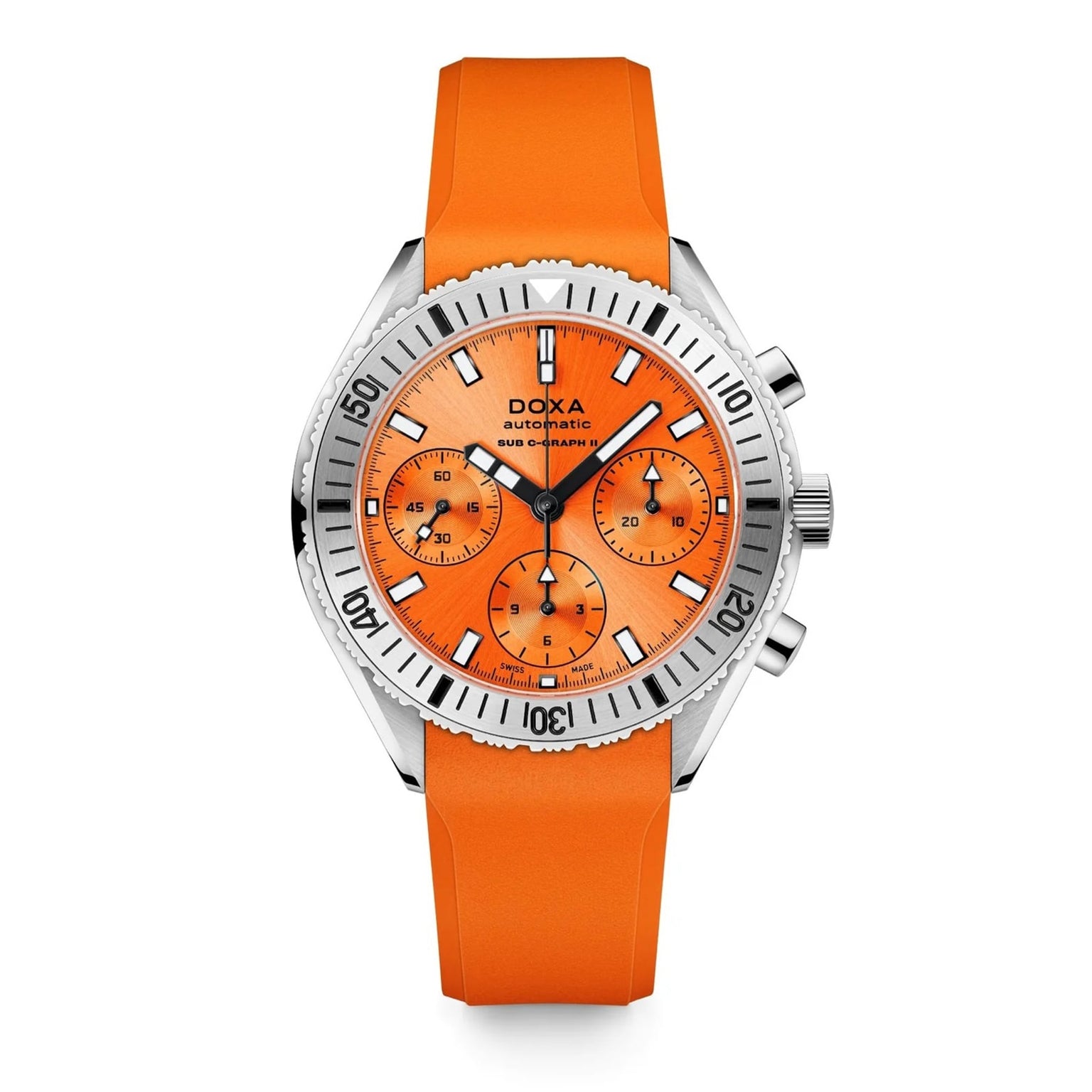 The DOXA Sub 200 C-Graph II Professional is a stainless steel automatic chronograph watch with an orange dial, three sub-dials, and an orange rubber strap, displayed on a white background.