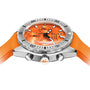 The DOXA Sub 200 C-Graph II Professional is a stainless steel dive watch with an orange dial, automatic chronograph features, and an orange rubber strap, viewed from a low angle.