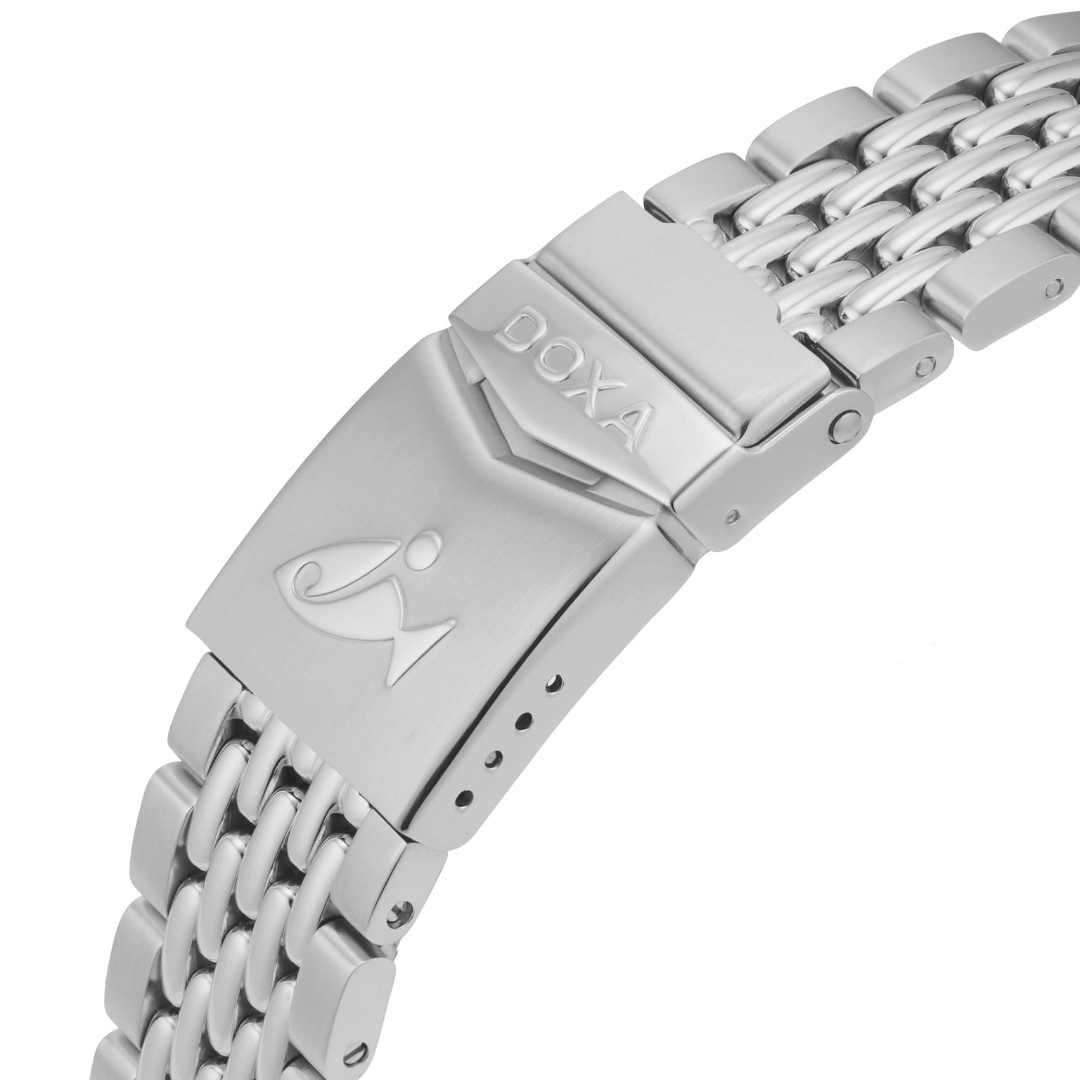 Close-up of the DOXA Sub 200 C-Graph II Professional’s stainless steel bracelet clasp, featuring an engraved logo and a push-button release mechanism.