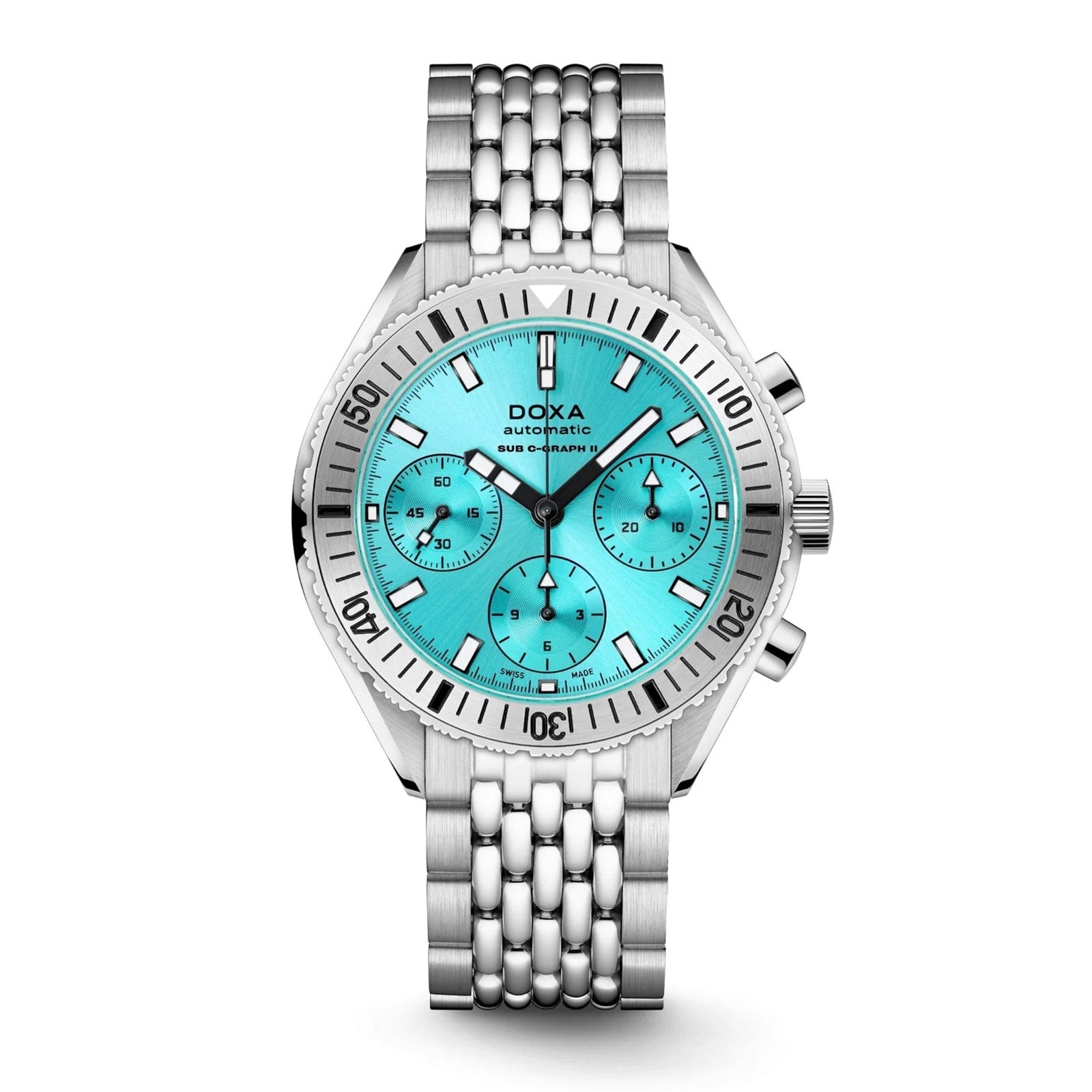 The DOXA Sub 200 C-Graph II Aquamarine is a mechanical automatic chronograph wristwatch with a stainless steel bracelet, turquoise dial, three subdials, and bold black hour markers—a versatile tool watch for every occasion.