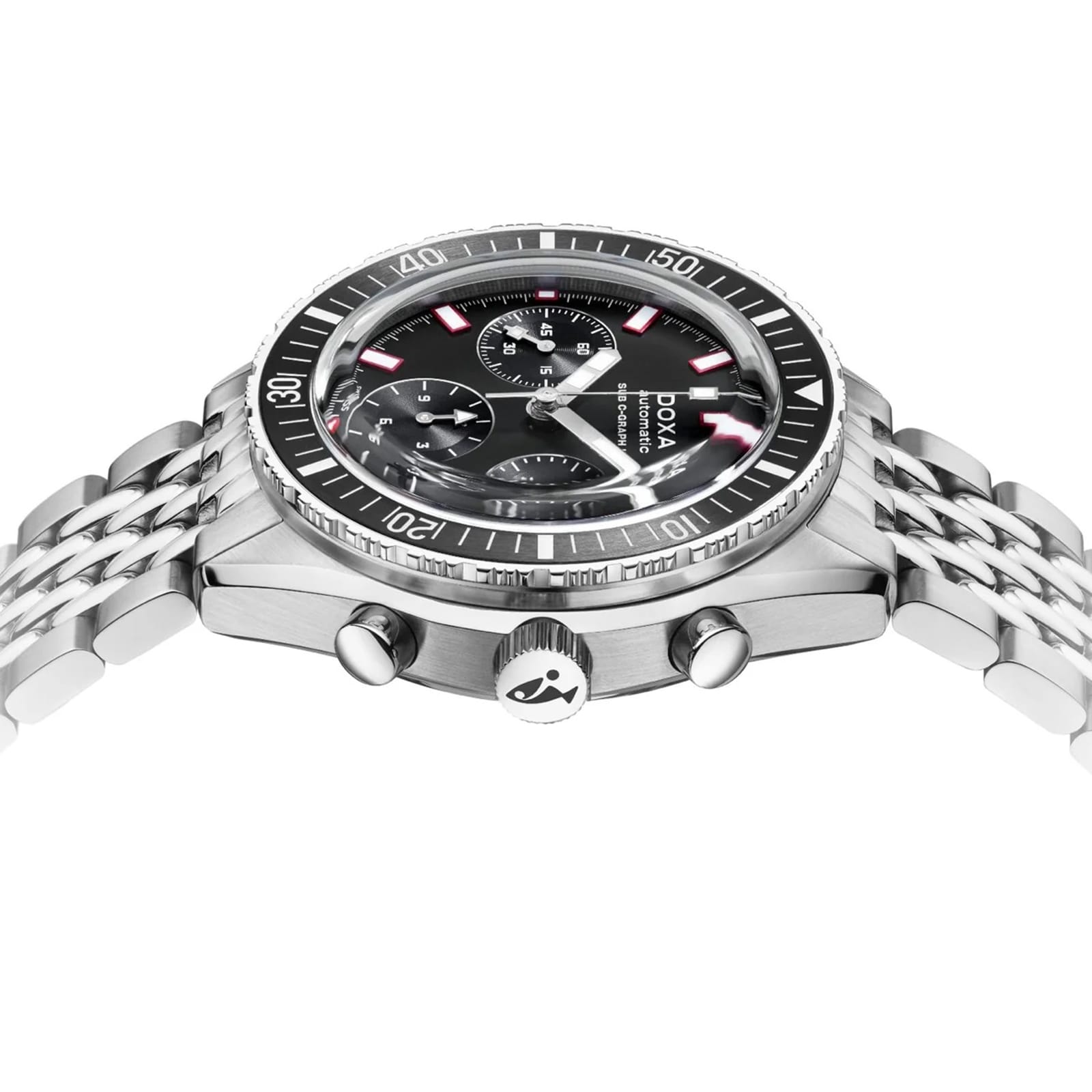 A DOXA Sub 200 C-Graph II Sharkhunter mechanical chronograph wristwatch featuring a black rotating bezel, black dial, and stainless steel bracelet, shown from an angled side view.