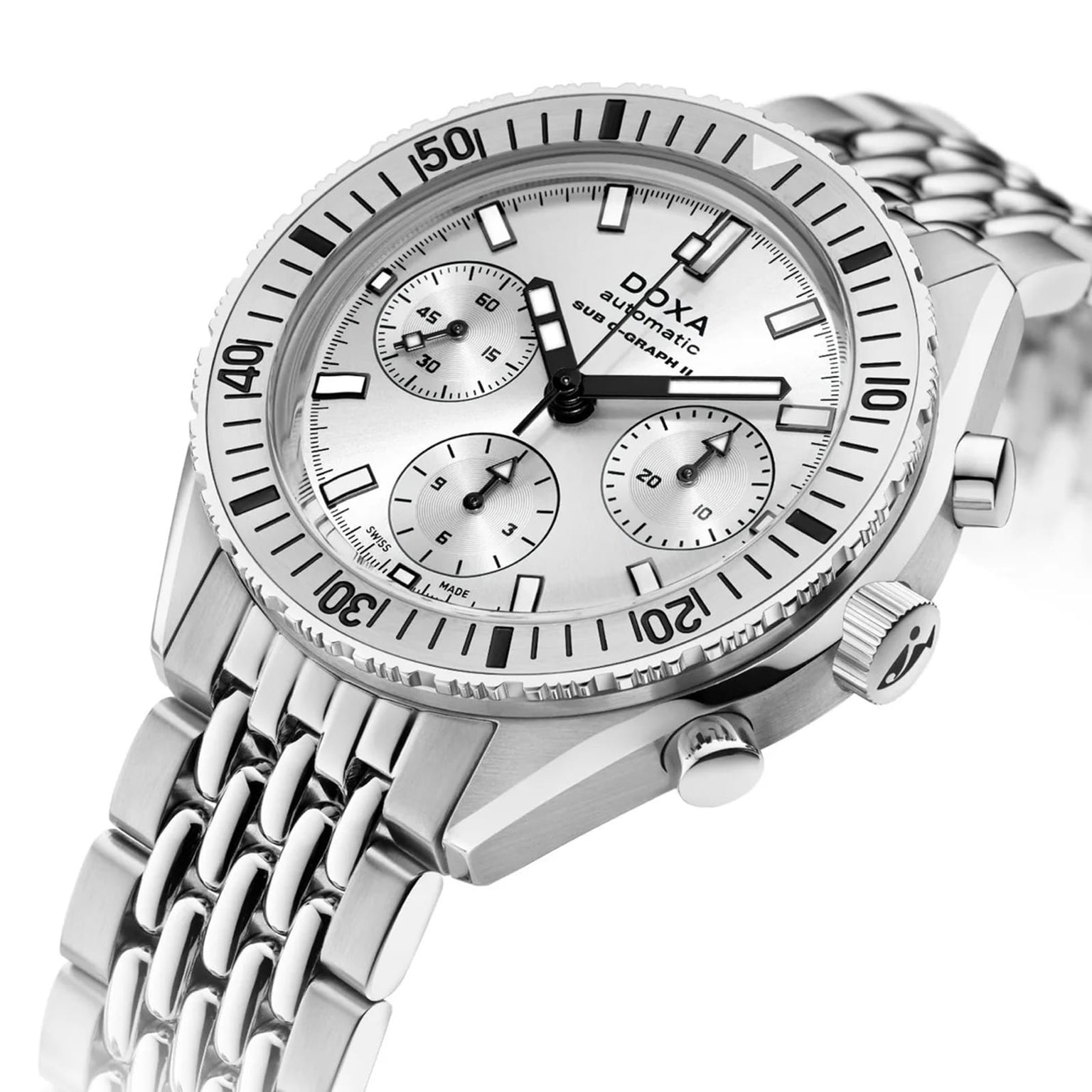 The DOXA Sub 200 C-Graph II Whitepearl is a silver mechanical automatic chronograph with a 316L stainless steel band, three subdials, and a white bezel with black number markings.