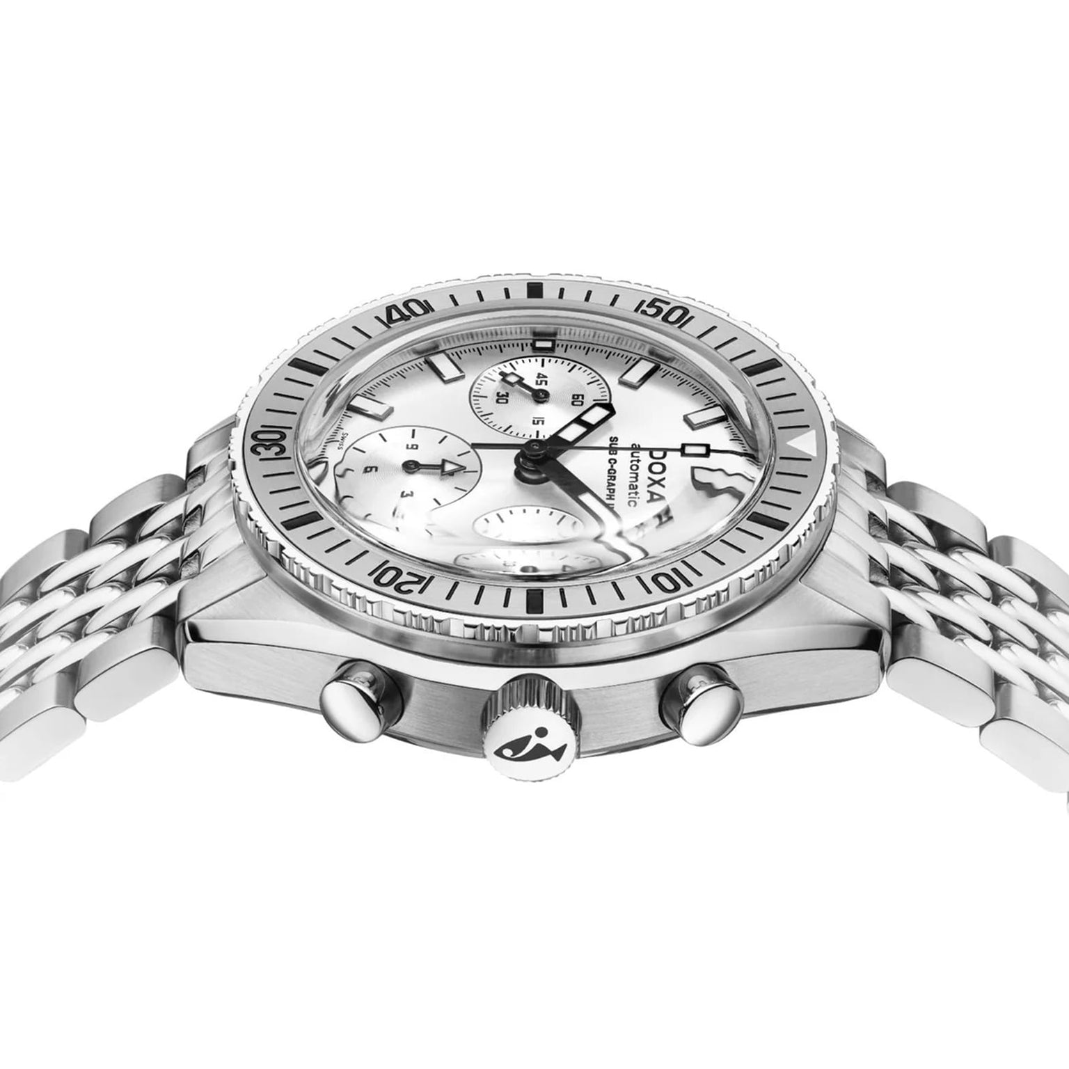 The DOXA Sub 200 C-Graph II Whitepearl features a silver 316L stainless steel case, white dial with subdials, and tachymeter bezel, shown from a side angle on a white background.