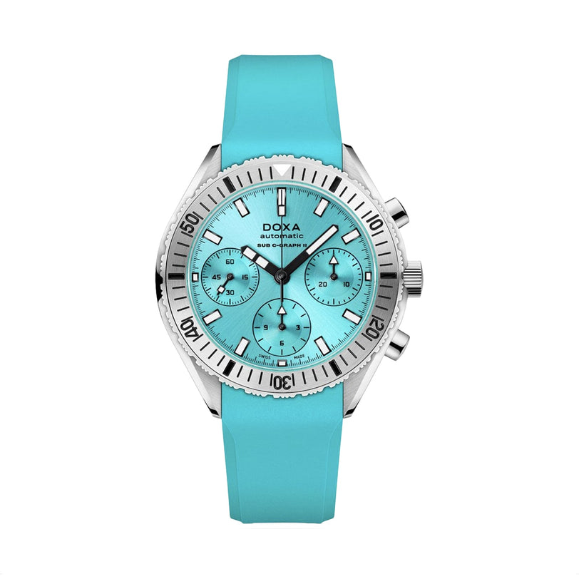 The DOXA Sub 200 C-Graph Aquamarine is an automatic chronograph with a vibrant aquamarine band, silver-tone case, three subdials, and black markers on a white bezel—a standout tool watch for any collection.