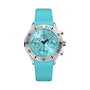 The DOXA Sub 200 C-Graph Aquamarine is an automatic chronograph with a vibrant aquamarine band, silver-tone case, three subdials, and black markers on a white bezel—a standout tool watch for any collection.